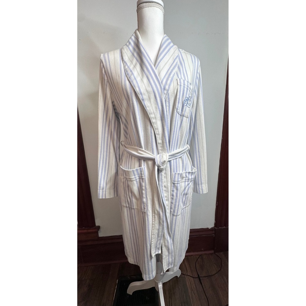 Lauren Ralph Lauren Blue White Striped Cotton Blend Jersey Wrap Robe Shawl L
